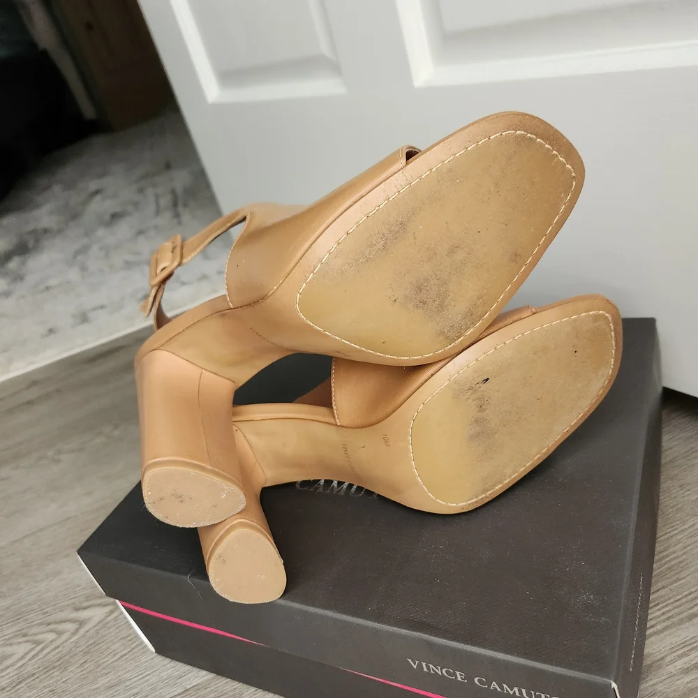 Vince Camuto Tan Leather Open-Toe Block Heel Slingbacks